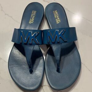 Michael Kors Teal Blue MK Logo Leather Slide Sandals